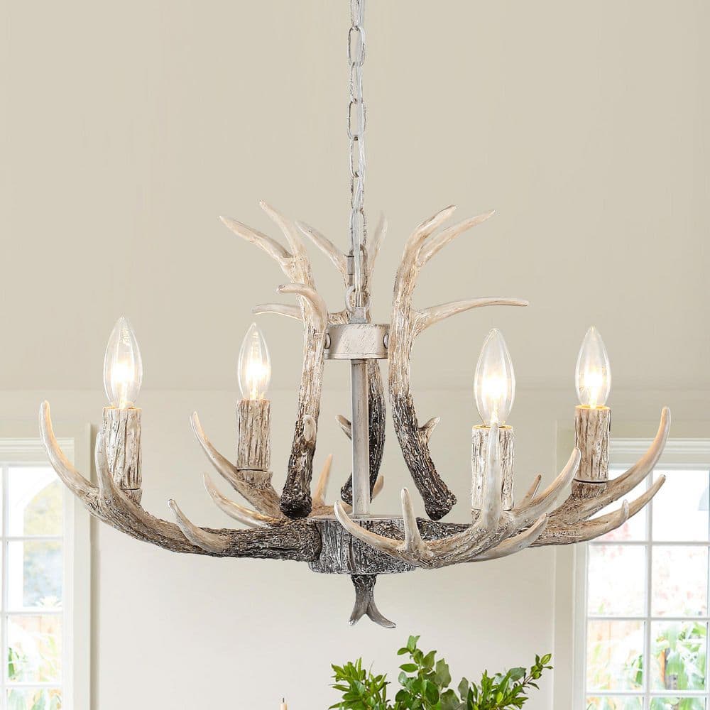 ZJVAIVE 6-Light 22 in. Gray Resin Antler Chandelier Vintage Rustic ...