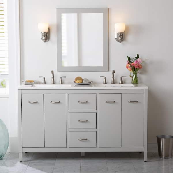Home Decorators Collection Marrett 60 in. W x 19 in. D x 35 in. H Double Sink Freestanding Bath Vanity in Light Gray with White Cultured Marble Top