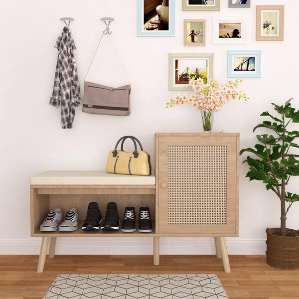 Flourishing 27.56 in. H x 39.37 in. W Brown Wood 2-in-1 Shoe Storage Bench with 2 Adjustable Shelves, Shoe Cabinet