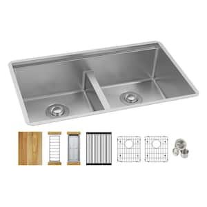 Crosstown 31.5 in. Undermount Double Bowl Polished Satin Stainless Steel Kitchen Sink