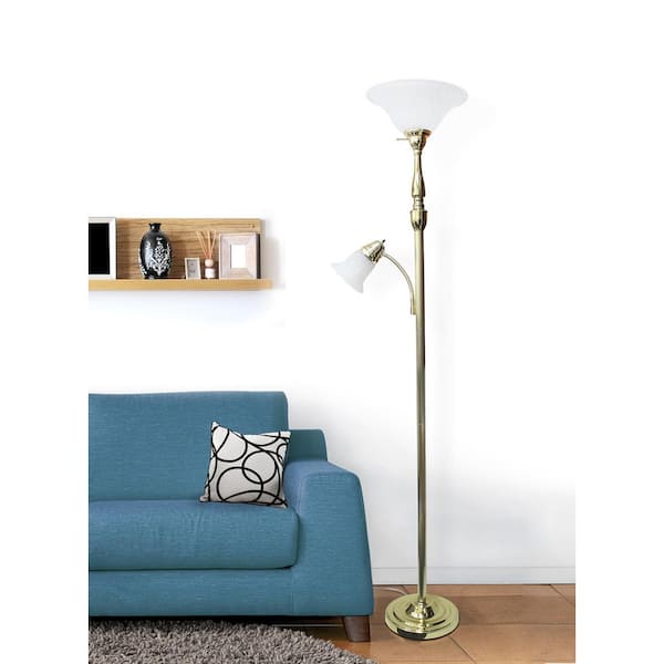 2-Light 71 in. Mother Daughter Gold Floor Lamp with White Marble Glass Shade