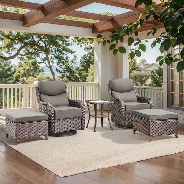 Arcadia Brown 5-Piece Wicker Swivel Rocker Patio Conversation Set with 6 in. Thick Gray Cushions and Ottomans