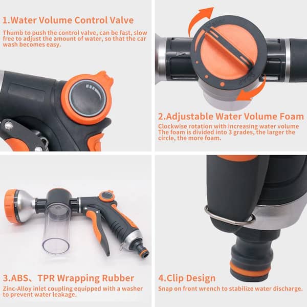 OGETFUUR 8-Pattern Multifunction Heavy-Duty High Pressure Metal Garden Hose Nozzle with Soap Dispenser