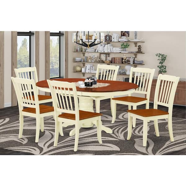 7-Piece Oval Buttermilk & Cherry Finish Solid Wood Top Dining Table with 6-Chairs with Slat Back
