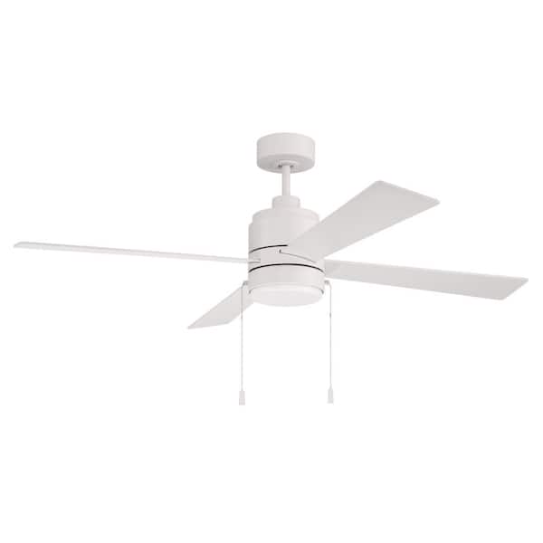 52 in. White Finish White Blades Angled Mount Standard Ceiling Fan w/ Integrated LED Light & Pull Chains Included