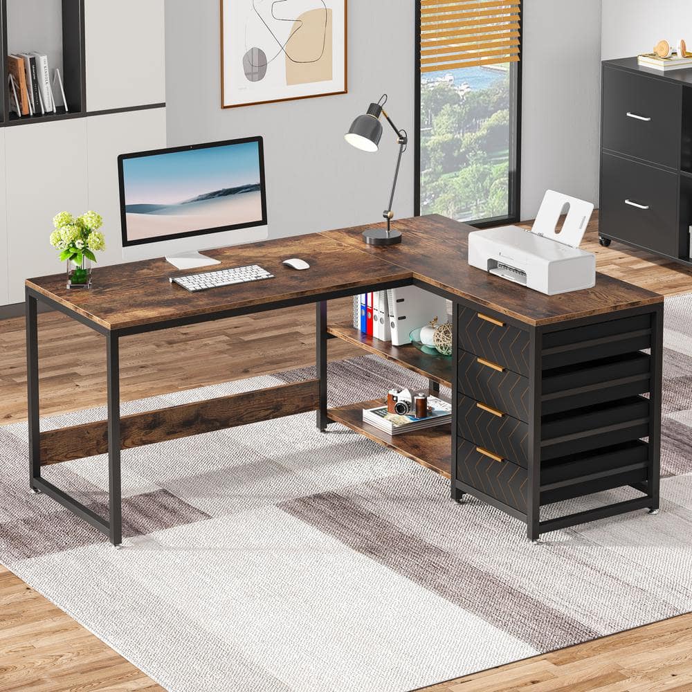 Brown L-Shaped Computer Desk with Drawers and Shelves