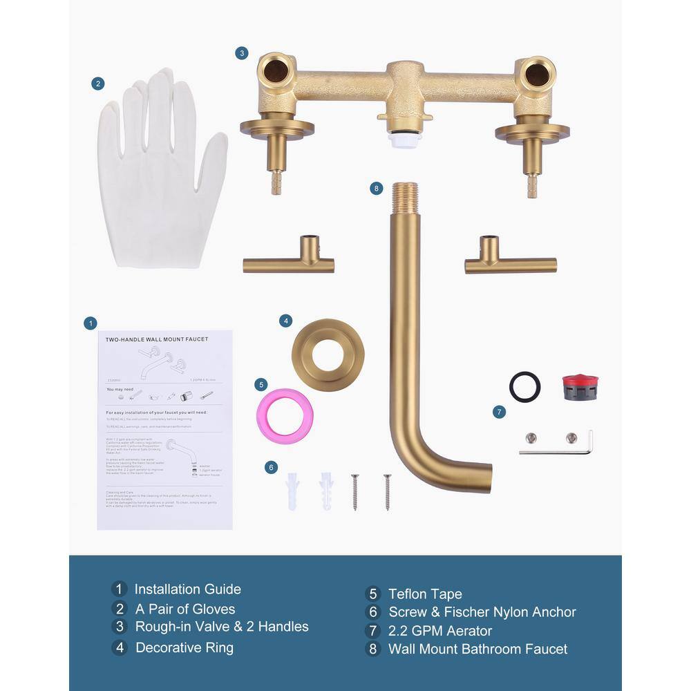 Brushed Gold Wall Mount Double Handle Tub Faucet