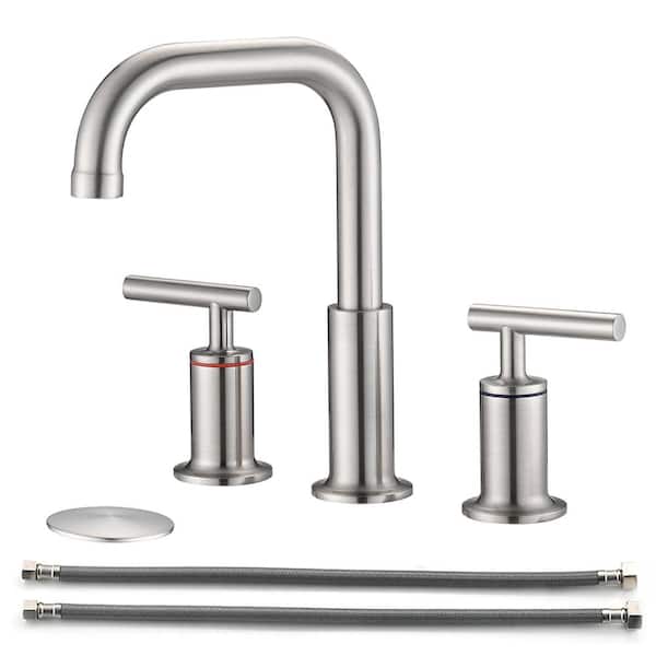 Staykiwi 8 in. Widespread Double Handle Mid Arc Bathroom Faucet with Drain Kit Included in Brushed Nickel