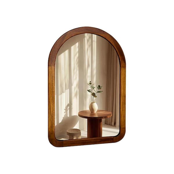Brown 14 in W x 20 in. H  Arched Wood Rustic Bathroom Tempered Wall Mirror with Wood Frame