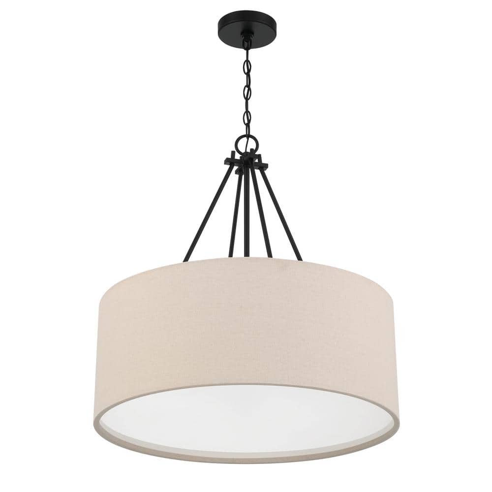 Elegant Flat Black Duke 3-Light 24" Pendant with Beige Linen Shade