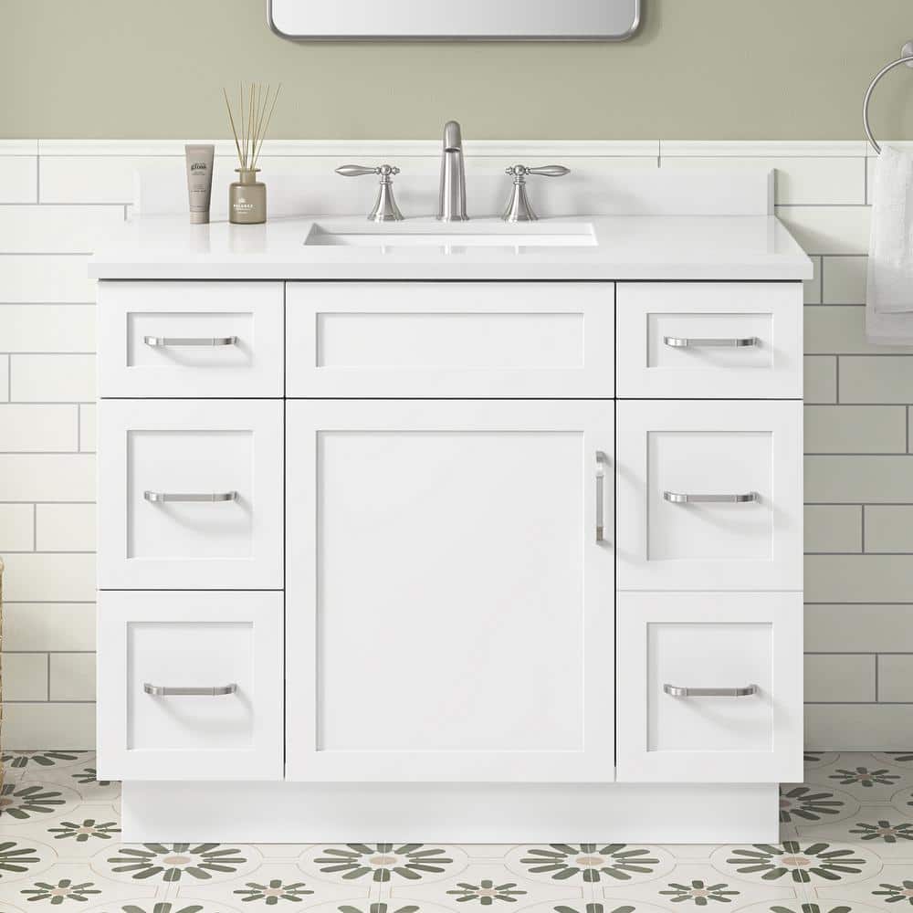 Lincoln 42 in. Single Sink White Bath Vanity with White Engineered Stone To