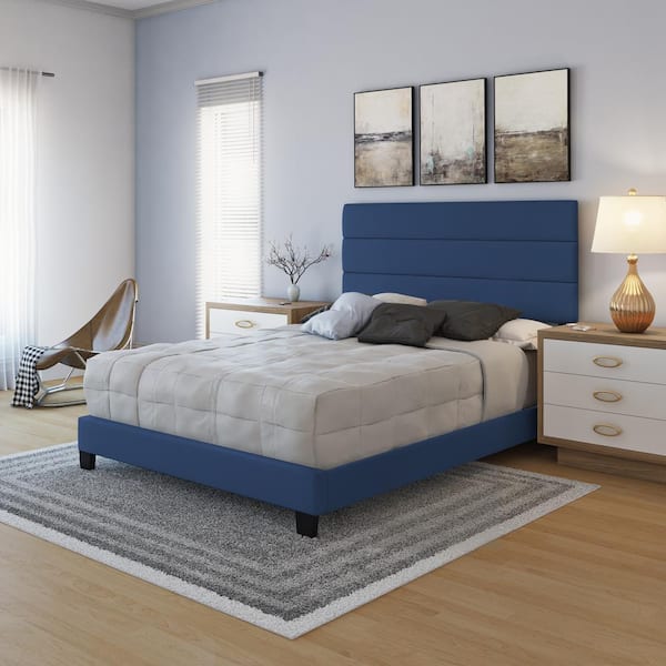 Piedmont Upholstered Faux Leather Tri-Panel Channel Headboard Platform Bed Frame, Queen, Blue