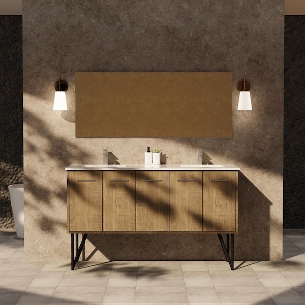Lancy 60 in W x 20 in D Rustic Acacia Double Bath Vanity, White Quartz Top and 55 in Mirror