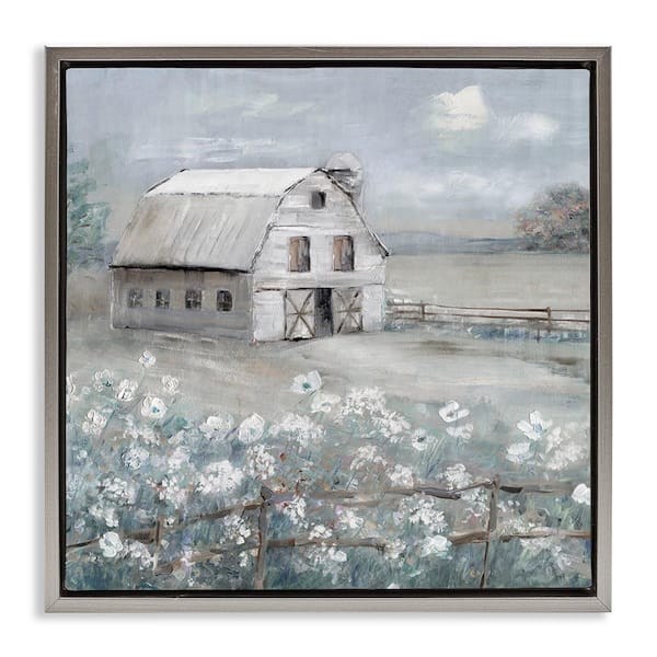 Stupell Industries Traditional Barn and Meadow by Sally Swatland Gray Floater Frame Nature Graphic Art Print 25 in. x 25 in.