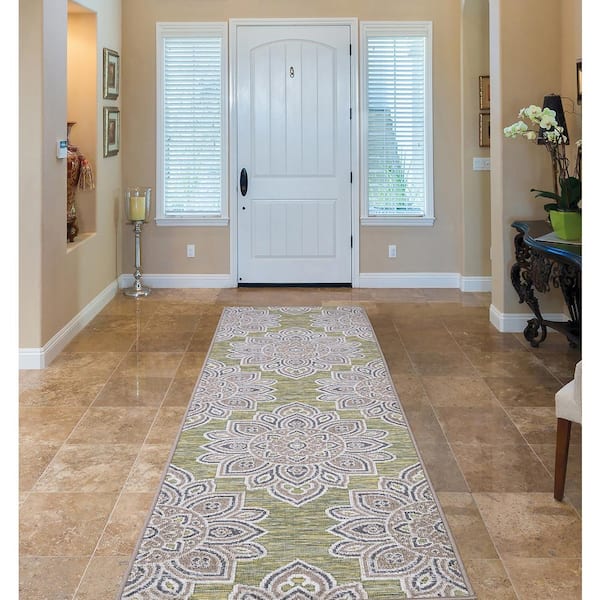 Green 2 ft. x 7 ft. Floral Indoor/Outdoor Patio Runner Rug