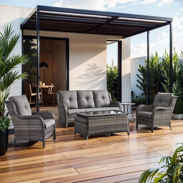 Gray 7-Piece Wicker Patio Conversation Set with Swivel Rockers, Outdoor Sofa Seating Set with Olefin Gray Cushions