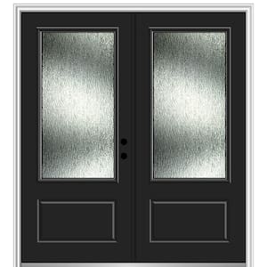 72 in. x 80 in. Left-Hand Inswing Rain Glass Black Fiberglass Prehung Front Door on 4-9/16 in. Frame