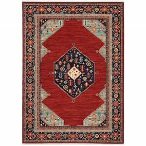 Red Blue Orange and Ivory 2 ft. x 3 ft. Oriental Power Loom Stain Resistant Fringe Area Rug
