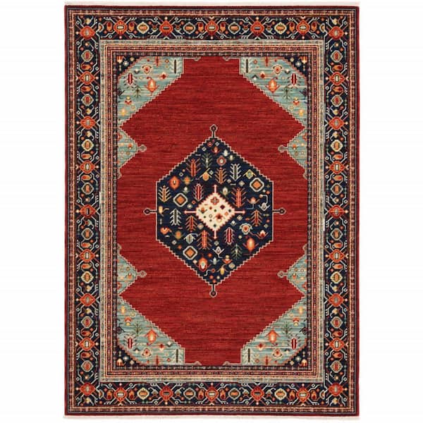 HomeRoots Red Blue Orange and Ivory 2 ft. x 3 ft. Oriental Power Loom Stain Resistant Fringe Area Rug
