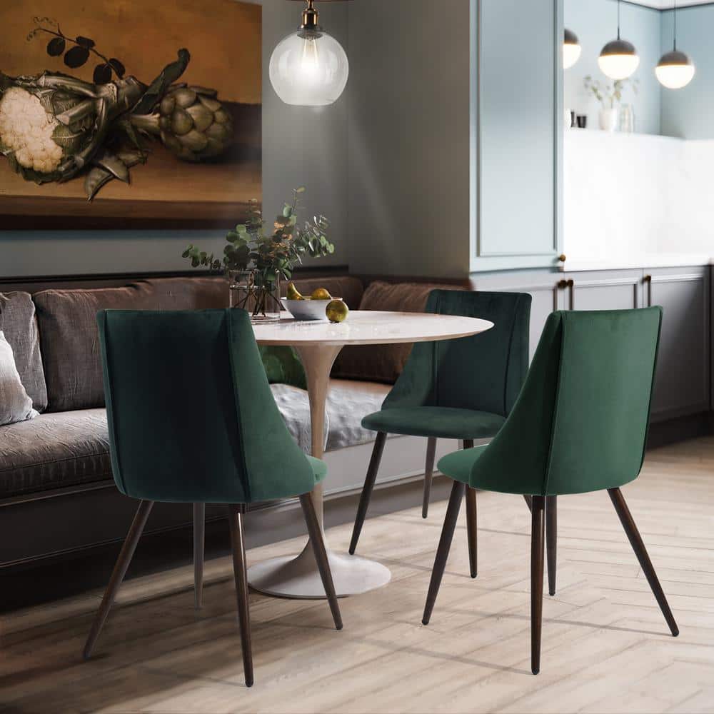 Green Velvet Upholstered High Back Side Chair with Walnut Metal Legs