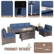 7-Piece Wicker Patio Conversation Set with 55000 BTU Gas Fire Pit Table and Glass Coffee Table and Navy Blue Cushions