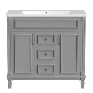 35.1 in. W x 18.1 in. D x 34 in. H Freestanding Bath Vanity in Grey with White Resin Top Singe Sink and Mirror Cabinet