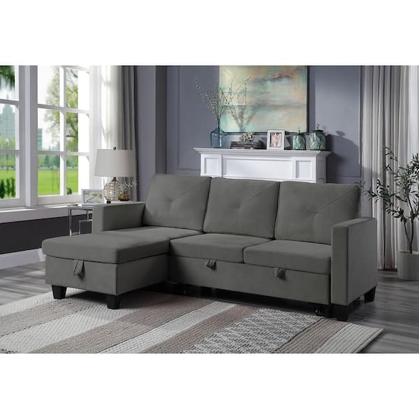 82.5 in. W Velvet Reversible Sleeper Sectional Sofa with Storage Chaise in Dark Gray