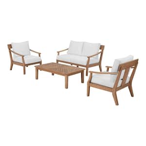Woodford 4-Piece Eucalyptus Wood Patio Conversation Set with CushionGuard Bright White Cushions