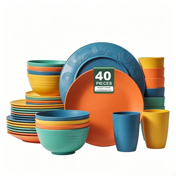 40-Piece Rustic Elegant Smooth Finish Multi Wheat Straw Dinnerware Set (Service for 8)