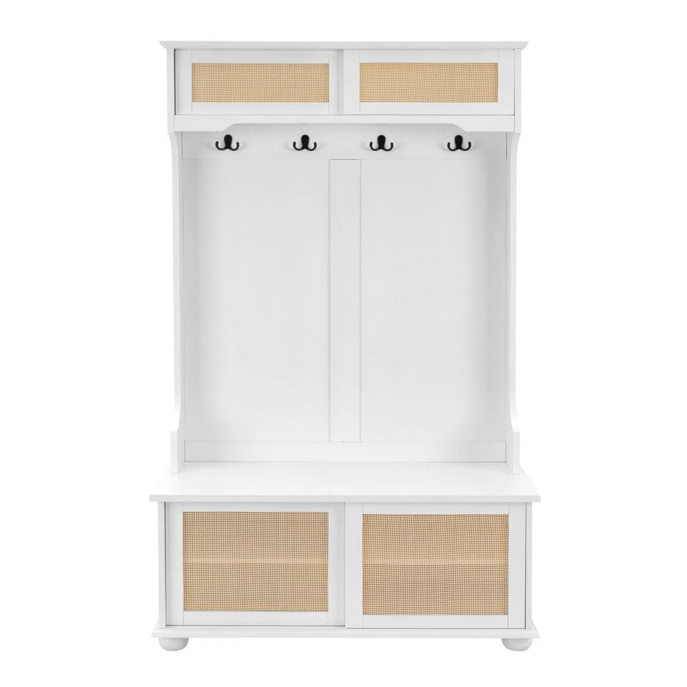 White Hall Tree Entryway Bench with Rattan Door Shelves, Shoe Cabinets and 