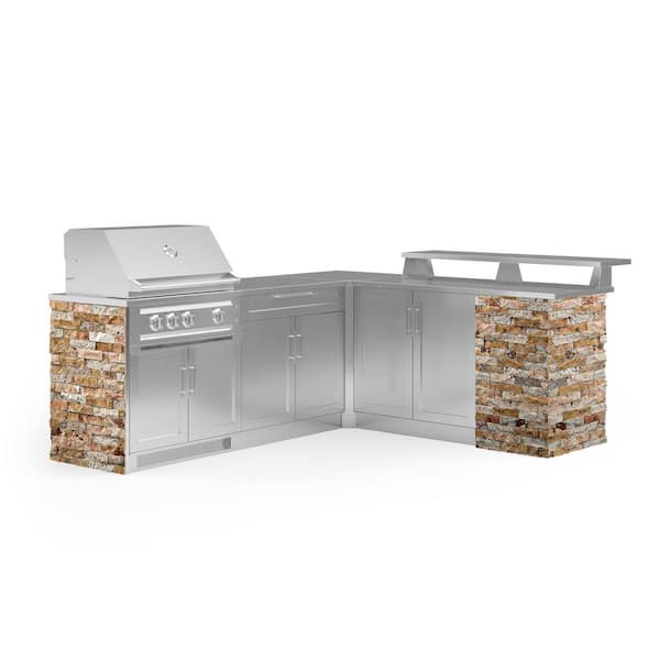 NewAge Products Signature Series Stainless Steel 8-Piece L Shape Outdoor Kitchen Cabinet Set with Liquid Propane Platinum 33 in. Grill