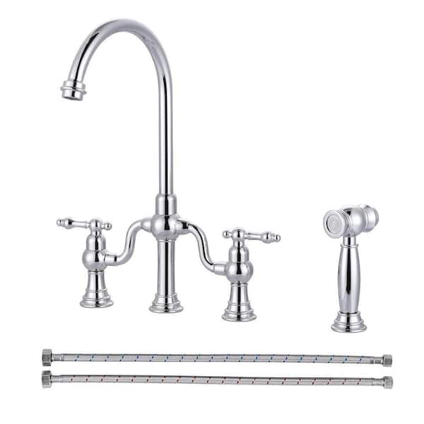 Double Handle High Arc Brass Bridge Kitchen Faucet with Side Sprayer in Polished Chrome