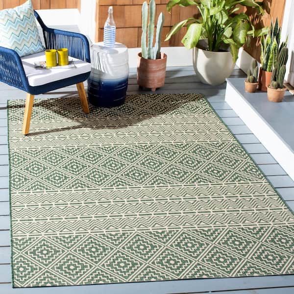 Courtyard Dark Green/Beige 8 ft. x 10 ft. Geometric Chevron Ikat Indoor/Outdoor Patio  Area Rug