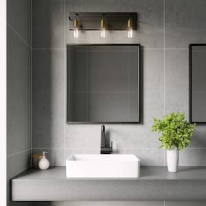 Tae 24 in. W 3-Light Black Industrial Metal Bathroom Vanity Light with Aged Brass Socket Cups and Black Cords