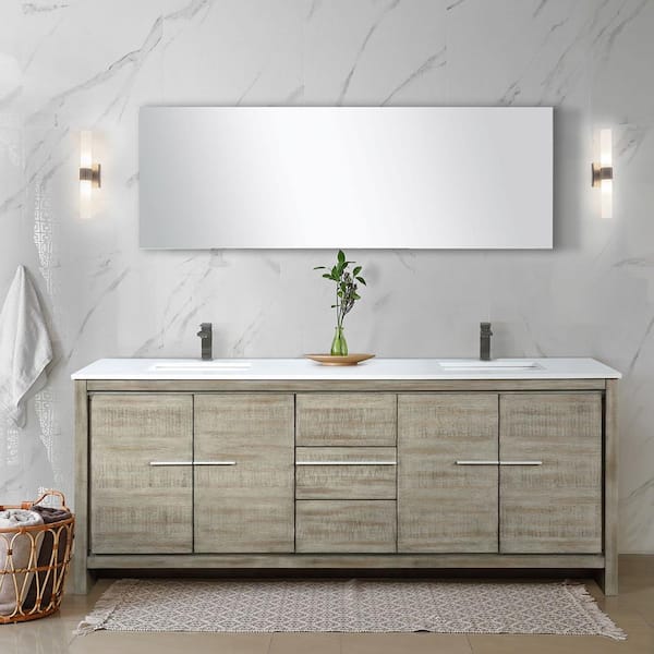 Lexora Lafarre 80 in W x 20 in D Rustic Acacia Double Bath Vanity, White Quartz Top, Chrome Faucet Set and 70 in Mirror