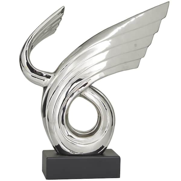 Litton Lane 5 in. x 15 in. Silver Porcelain Wing Abstract Sculpture with Black Base