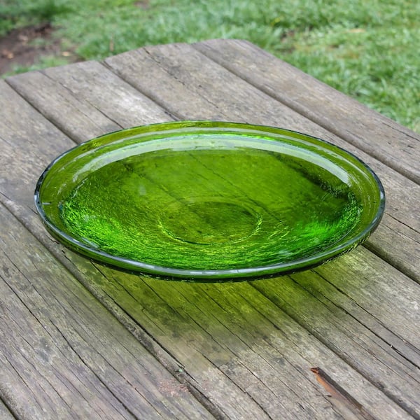 Reflective Crackle Glass Birdbath Bowl, 14 in. dia. Fern Green