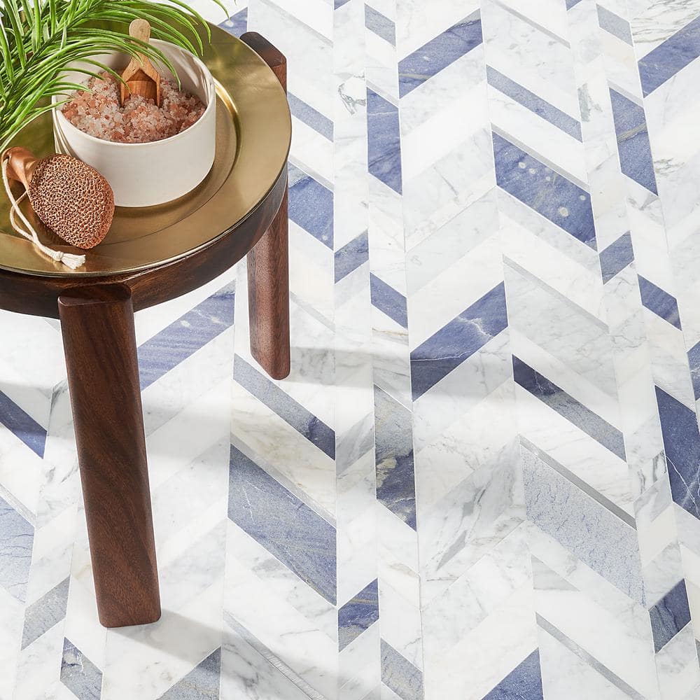 Tyra 12" x 18" Polished Marble and Brass Chevron Wall Tile