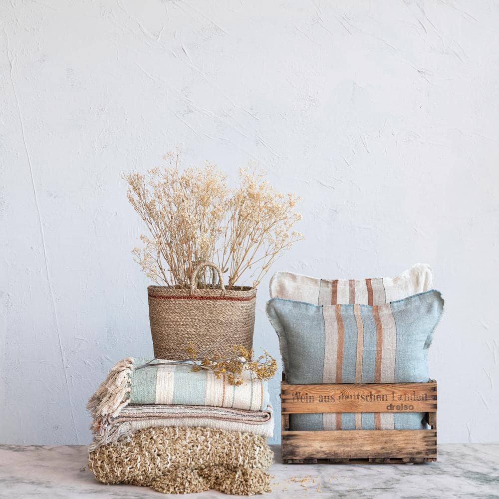 Blue and Cream Striped Cotton Throw with Fringe