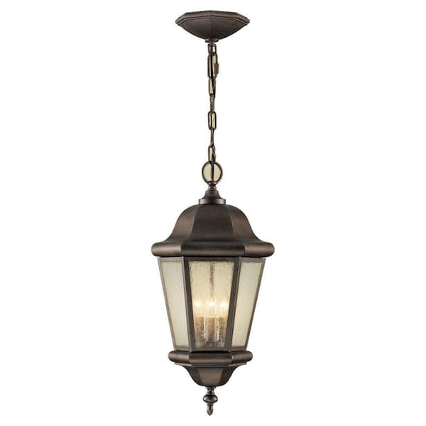 Generation Lighting Martinsville 10.25 in. W. 3-Light Bronze Outdoor Corinthian Pendant with Clear Seeded Glass Panels