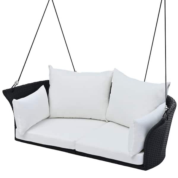 Afoxsos 44 in. 2-Person Black White Wicker Patio Swing with Cushion