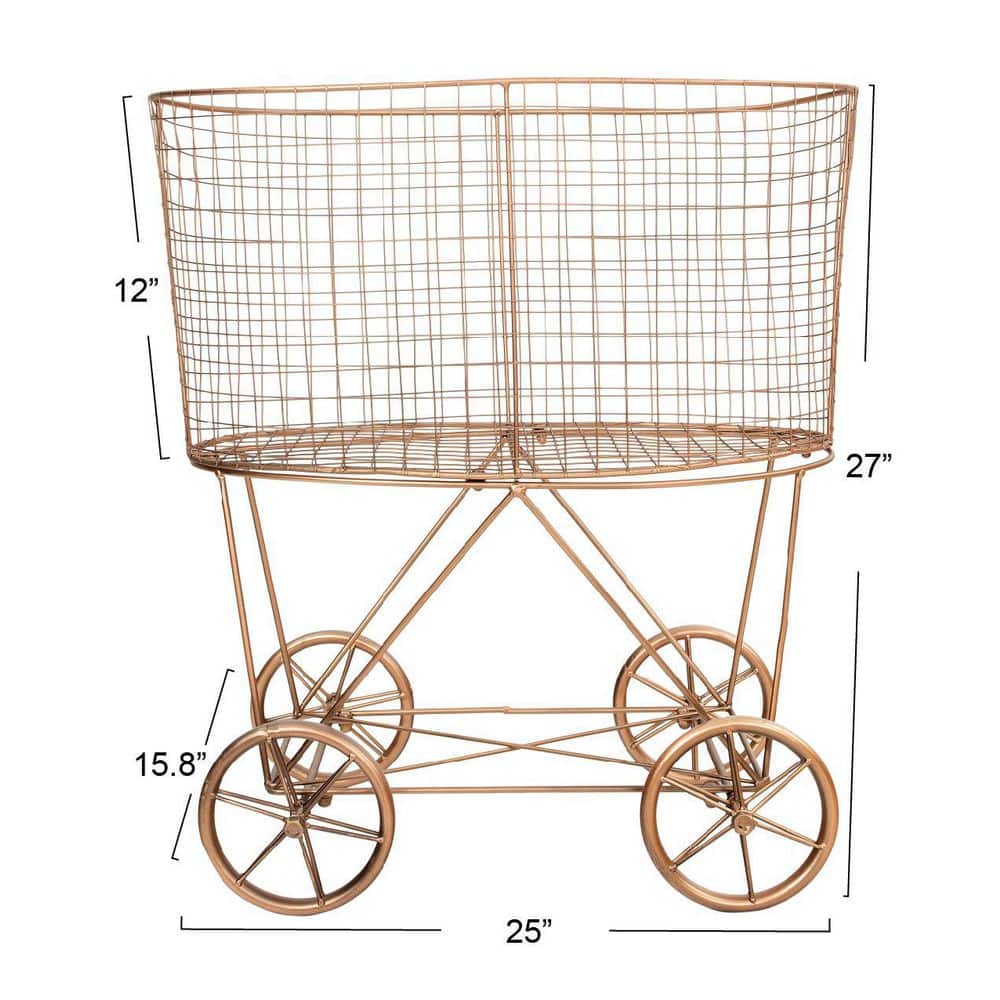 Bronze Metal Vintage Rolling Laundry Basket with Wheels