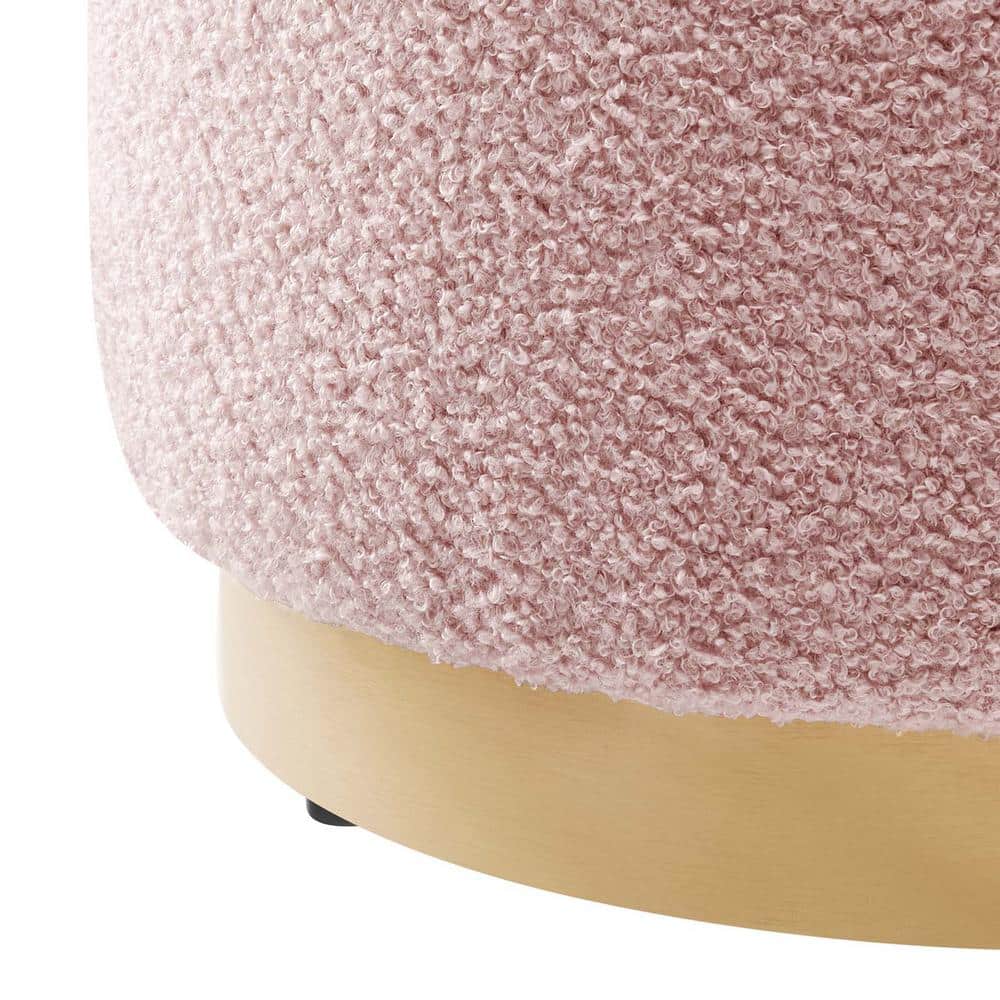 Blossom Pink Sherpa Upholstered Round Ottoman with Rubberwood Base