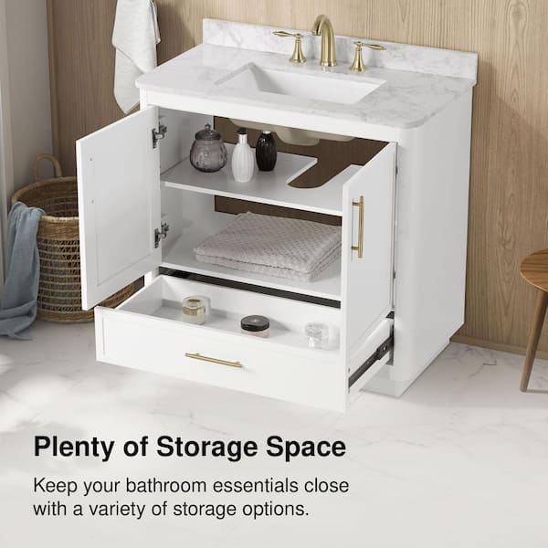 DHP Hannson 36" Single Bathroom Vanity With Sink – White, Faux Marble Top, 2 Doors & 3 Drawers, Fully Assembled