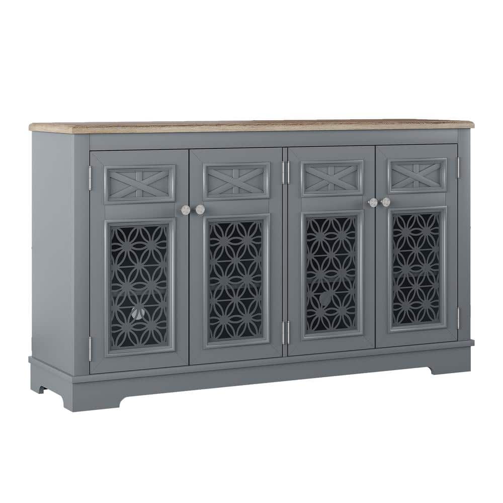 Vintage Gray Wood Buffet Sideboard with Glass Doors and Adjustable Shelves