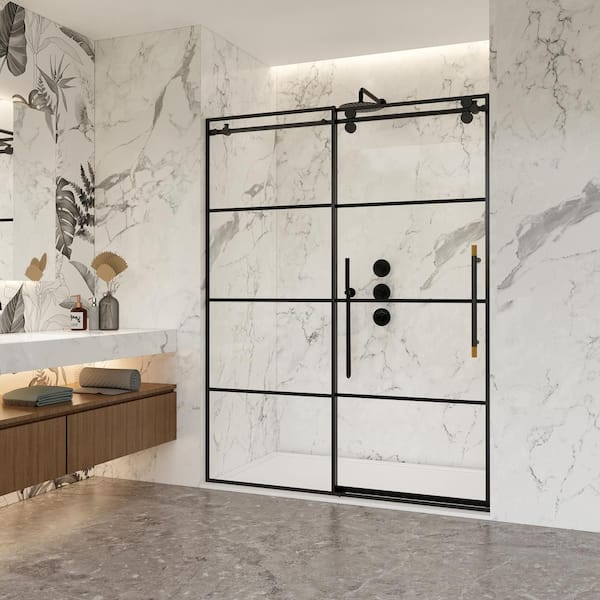 ROSWELL Losar 60 in. W x 78 in. H Single Sliding Frameless Shower Door in Matte Black with Clear Glass