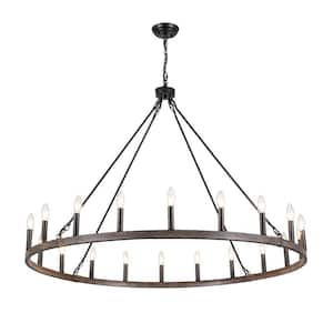 Vyolette 20-Light Black/Brown Farmhouse Candle Style Wagon Wheel Chandelier for Living Room Kitchen Dining Room Foyer