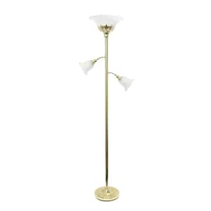 71 in. Gold 3-Light Torchiere Floor Lamp with Scalloped Glass Shades