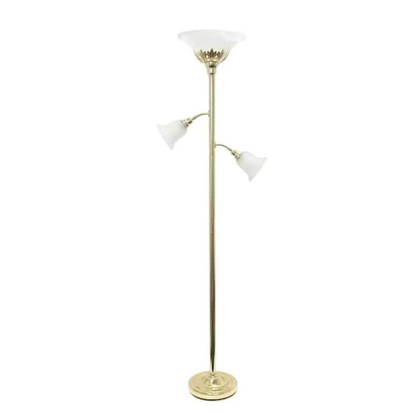 Lalia Home 71 in. Gold Torchiere Floor Lamp with 2 Reading Lights and White Scalloped Glass Shades