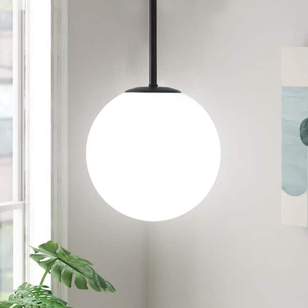 1-Light 7.8 in. Black Minimalist Modern Globe White Glass Pendant Light Hanging Light for Kitchen Dining Room Bedroom
